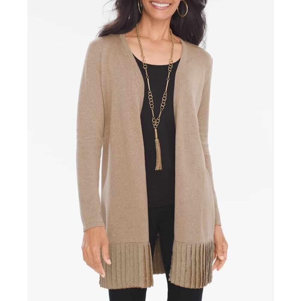 Chico's Petite‎ Pleated Lurex Open Front Cardigan Sweater Women Size 2P LP Beige
